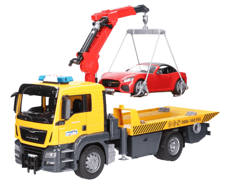 Pomoc drogowa MAN TGS  z autem Roadster czerwonym i modułem podnośnika – Zestaw – 03750 – BRUDER