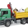 Zabawka wywrotka - Ciężarówka MAN TGS wywrotka z żurawiem (HDS) i kontenerami do segregacji odpadów recyklingowych - 03753 - BRUDER