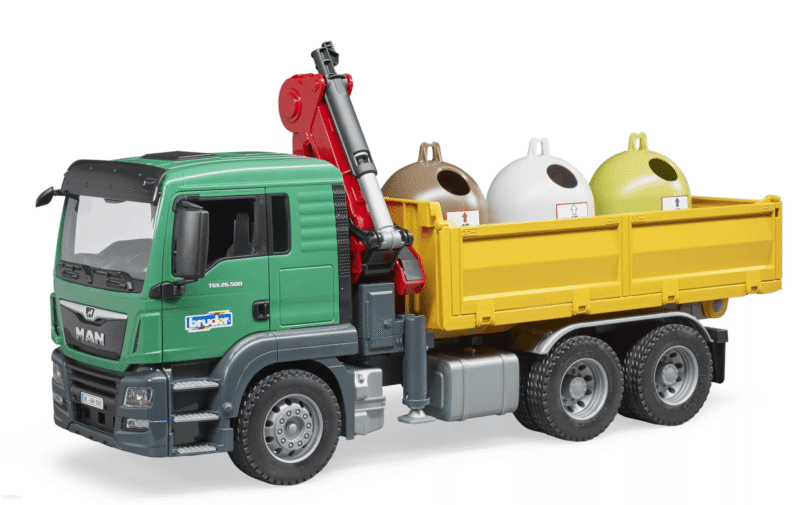 Ciężarówka MAN TGS wywrotka z żurawiem (HDS) i kontenerami do segregacji odpadów recyklingowych – 03753 – BRUDER