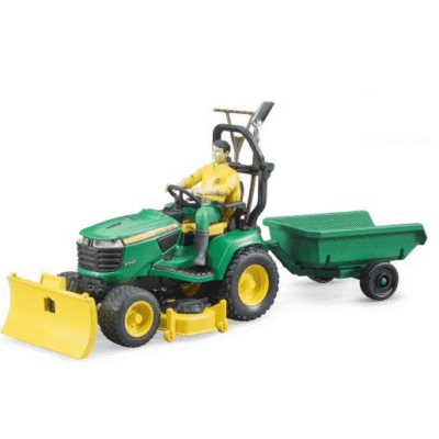 Traktorek John Deere z kosiarka, łyżką przyczepką i figurką ogrodnika - BRUDER 62104