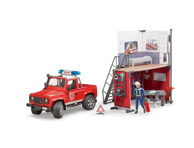 Remiza strażacka + Land Rover Defender straży pożarnej + akcesoria - 62701 - BRUDER