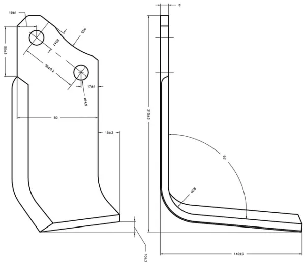 Nóż kątowy prawy 80X8, Rozstaw otw 56 / śr.14,5 - ZAMIENNIK - 01110428 - Maschio Gaspardo
