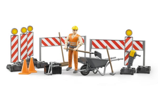 Zestaw akcesoriów do robót drogowych z figurką pracownika budowlanego - 62000 - BRUDER 3
