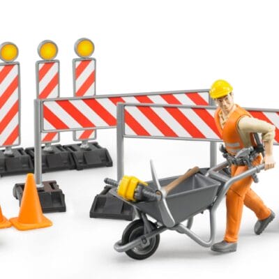 Zestaw akcesoriów do robót drogowych z figurką pracownika budowlanego - 62000 - BRUDER