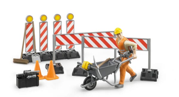 Zestaw akcesoriów do robót drogowych z figurką pracownika budowlanego - 62000 - BRUDER 1