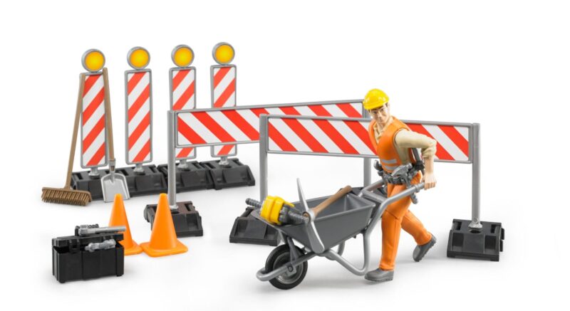 Zestaw akcesoriów do robót drogowych z figurką pracownika budowlanego – 62000 – BRUDER
