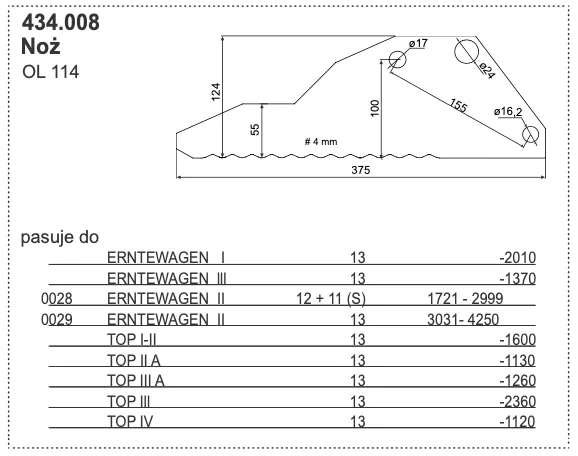 Nóż przyczepy samozbierającej - OL 114 - 434.008 - POTTINGER