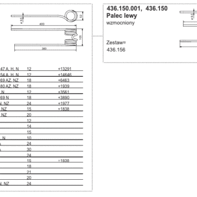 Palec zgrabiarki podwójny - LEWY - wzmocniony - 436.150 - Pottinger