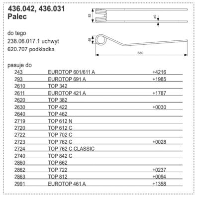Palec zgrabiarki podwójny - TOP Ø 9,0mm L=547 mm - 436.042 - Pottinger