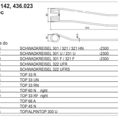 Palec sprężysty zgrabiarki TOP - PRAWY - L-475MM – 436.142 - POTTINGER