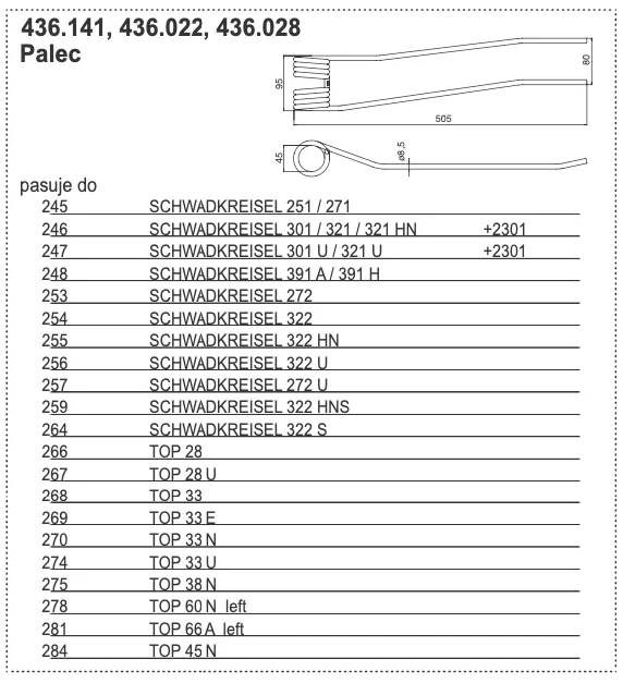 Palec sprężysty zgrabiarki TOP - LEWY - L-475MM – 436.141 - POTTINGER