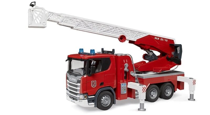Zabawka – Wóz strażacki z drabiną i z modułem świetlno-dźwiękowym Scania 560R – 03591 – BRUDER